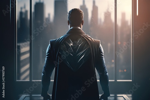 Superhero businessman looking at city skyline. The concept of success and leadership in business. AI Generation
