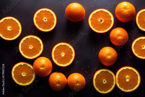 whole and halved oranges on a dark surface. Ai Generative