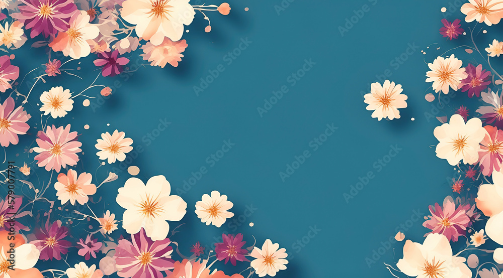 flowers on blue paper isolated background, copy space, generative ai