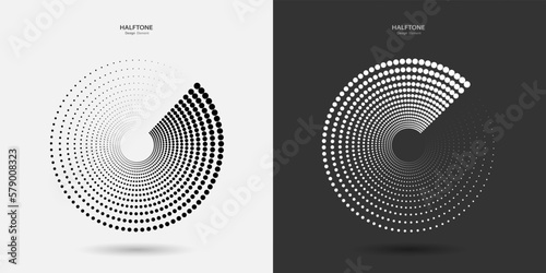 Circles of dotted halftones with a shadow on a black white background. The set is an abstract design element. The effect of a rotating, disappearing gradient. Vector illustration.