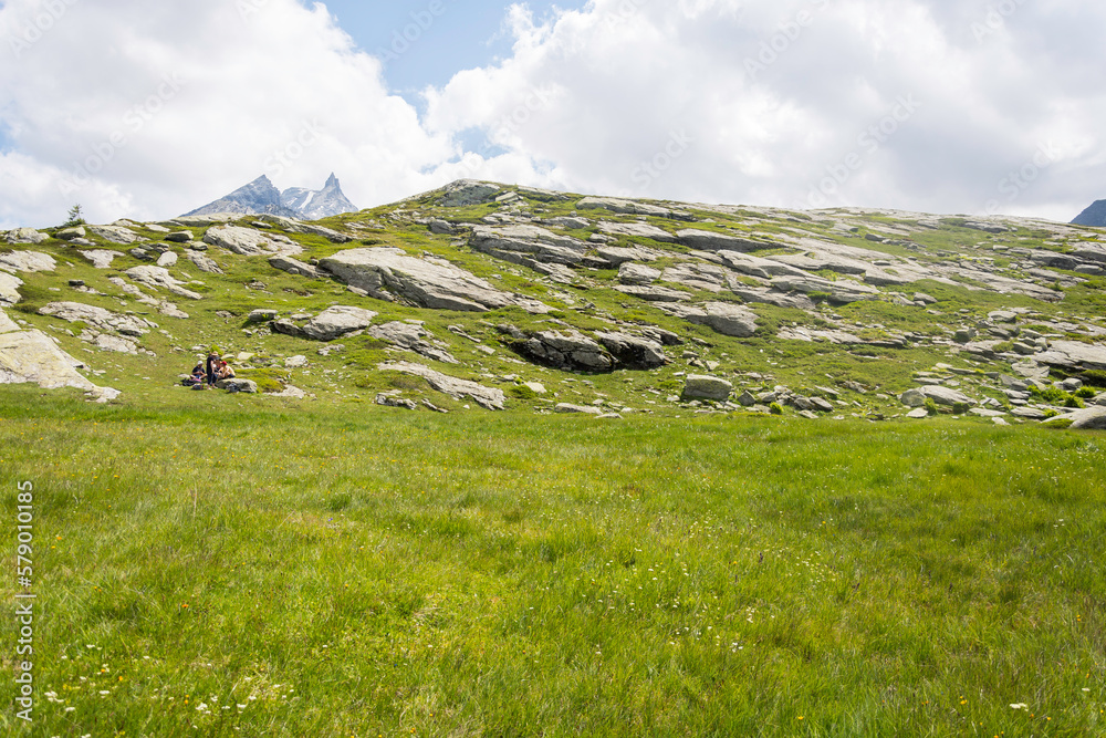 Naklejka premium A group of people is taking a break in a green meadow before hiking again to the to the Mount Cenis Lake during summer.