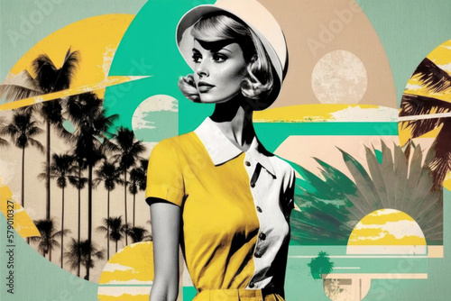 Young fashion woman wearing 60s retro style dress, sunglasses and hat. Summer travel themes collage. Generative AI