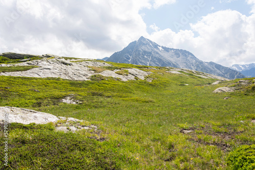Canvastavla Green mountain landscape in summer, the sky is blue with soft clouds