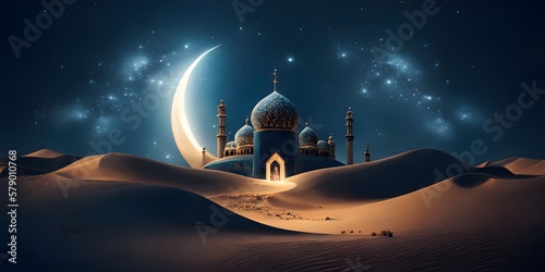 Canvastavla A desert scene with a mosque and the moon