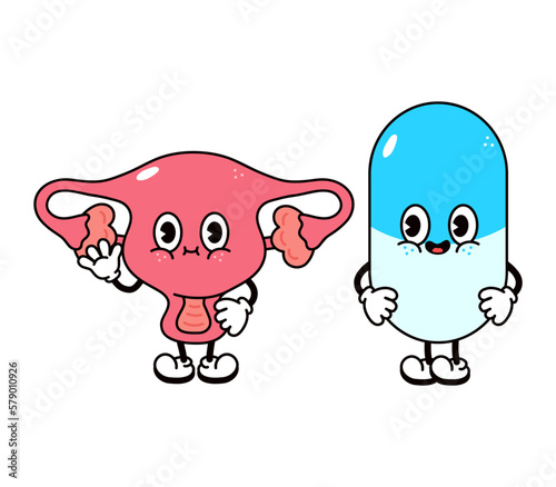 Cute, funny happy uterus and pill character. Vector hand drawn cartoon kawaii characters, illustration icon. Funny cartoon uterus and pill friends concept