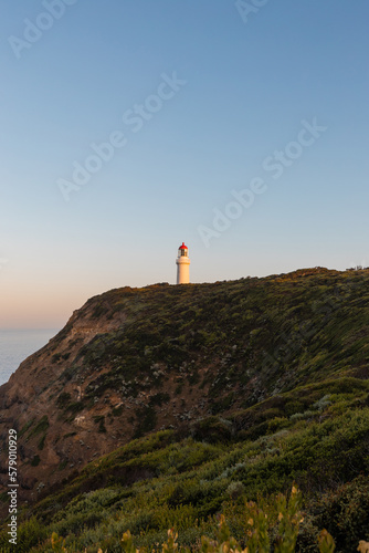 Cape Schanck Lighthouse on the top of the hill, Victoria, Australia.