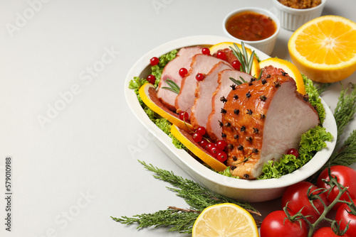 Concept of tasty food, ham, space for text