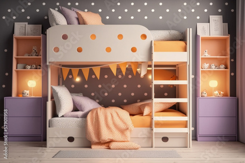 Modern interior design of woman or childrens bedroom with bunk. Super photo realistic background, generative ai photo