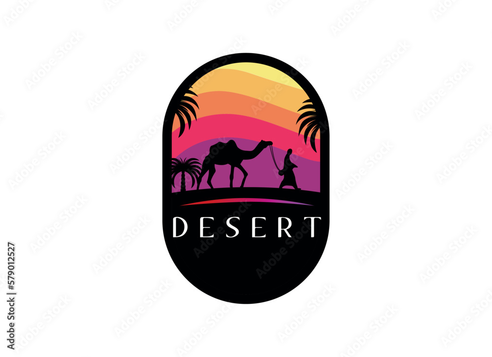 Arabian Logo caravan Camels in desert dunes on beige color gold sand under hot sun in circle wavy pattern background.Design template icon,badge, pictogram,symbol,tourism sign,travel,hot places.Vector