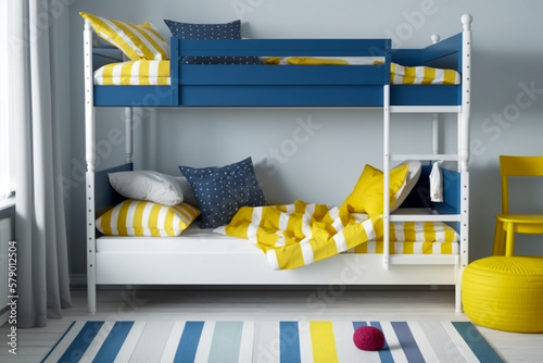 Modern interior design of woman or childrens bedroom with bunk. Super photo realistic background, generative ai photo