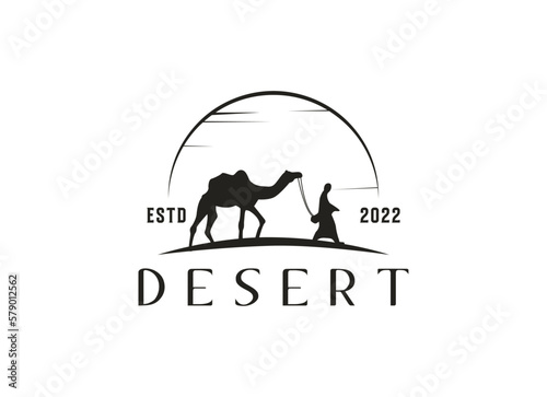 Arabian Logo caravan Camels in desert dunes on beige color gold sand under hot sun in circle wavy pattern background.Design template icon,badge, pictogram,symbol,tourism sign,travel,hot places.Vector
