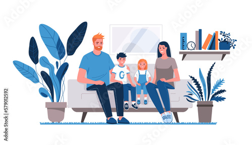Happy family is sitting on sofa. Father, mother, son and daughter together in cozy home environment. Vector characters flat cartoon illustration.