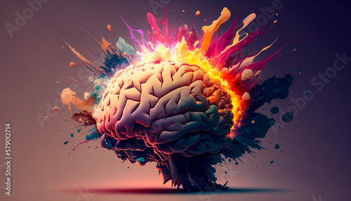 Brain explosion from stress, multiple colours, generative AI	