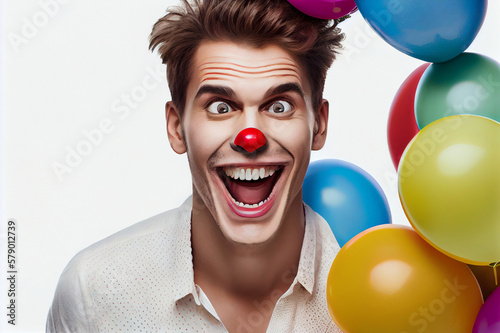 Laughing man with clown makeup, colored wig and colorful ballons isolated on white. Generative ai © ako-photography