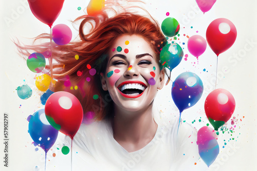 Laughing woman with clown makeup, colored wig and colorful ballons isolated on white. Generative ai