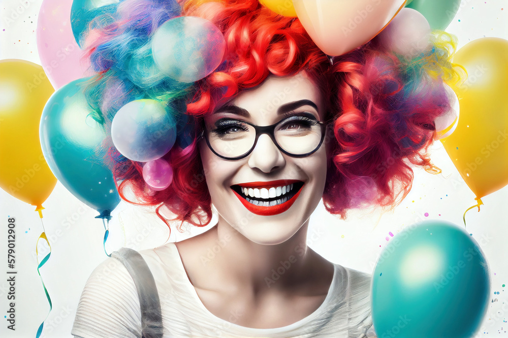 Laughing woman with clown makeup, colored wig and colorful ballons isolated on white. Generative ai