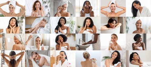 Smiling millennial different women enjoy anti aging routine procedures, take bath, clean skin