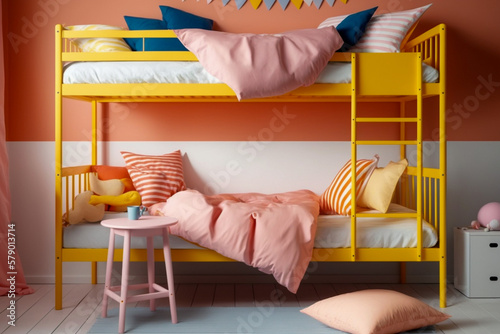 Modern interior design of woman or childrens bedroom with bunk. Super photo realistic background, generative ai photo