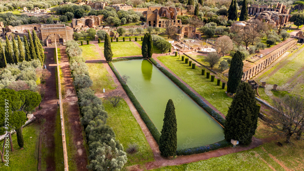 Aerial view of the Pecile in Hadrian's Villa. Villa Adriana is a World Heritage comprising the ruins and archaeological remains of a complex built by Roman Emperor Hadrian at Tivoli, near Rome, Italy.