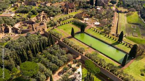 Aerial view of Hadrian's Villa at Tivoli, near Rome, Italy. Villa Adriana is a World Heritage comprising the ruins and archaeological remains of a complex built by Roman Emperor Hadrian. photo
