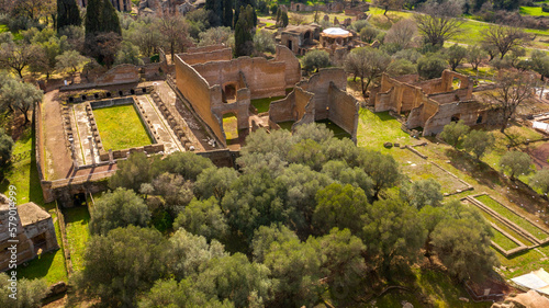 Aerial view of the Nymphaeum in Hadrian's Villa at Tivoli, near Rome, Italy. Villa Adriana is a World Heritage comprising ruins and archaeological remains of a complex built by Roman Emperor Hadrian. photo