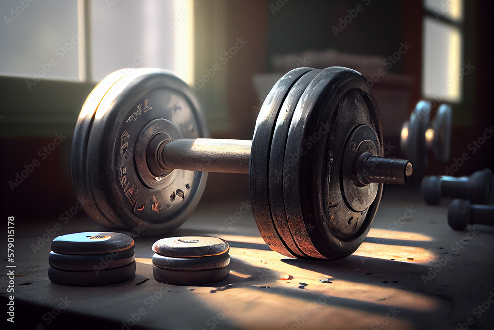 Naklejka premium Metal barbells at bodybuilding club. Generative Ai