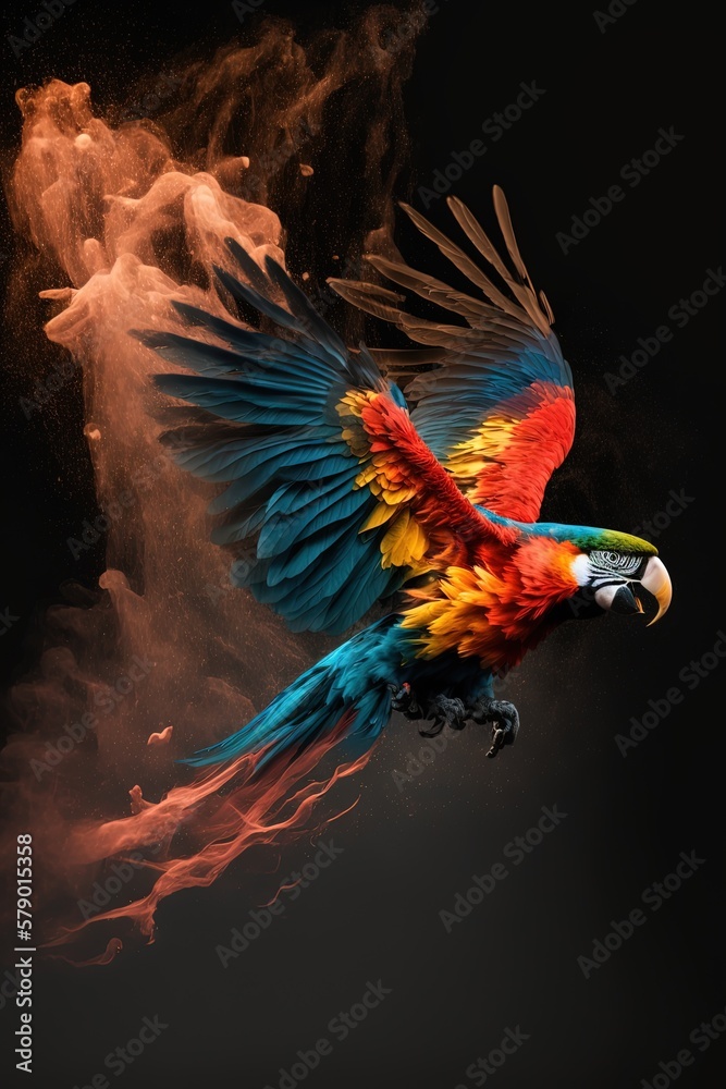 Obraz premium Parrot flies leaving around him a cloud of particles and colored smoke. On a dark background - Generative AI