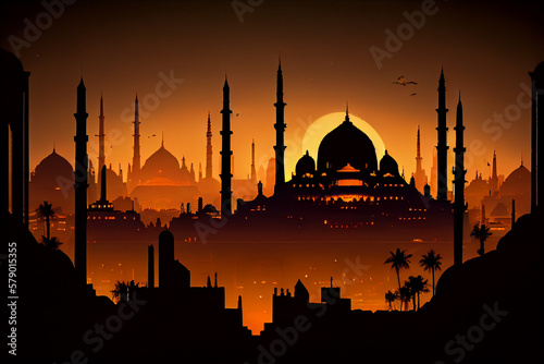 Mosque minarets and domes, Arabic and Islamic architecture skyline. Islam theme background. Generative Ai