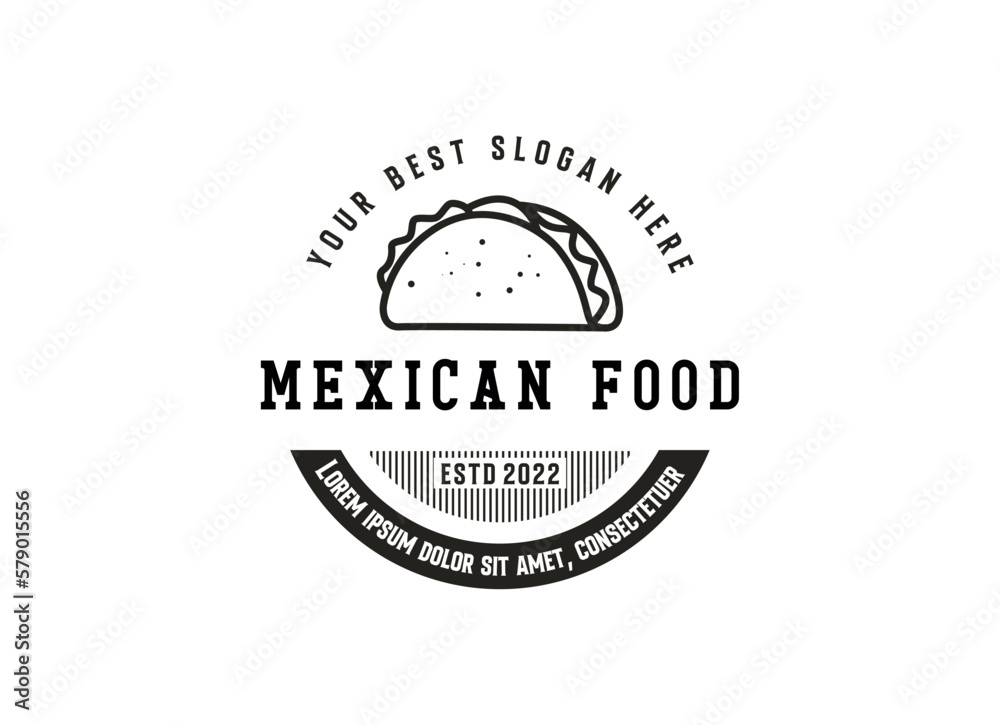 Tacos logo design vector illustration. Hot dog sausage silhouette, good for restaurant menu and cafe badge. Vintage typography logotype template. Tacos logo design vector illustration. Hot dog sausage silhouette, good for restaurant menu and cafe badge. Vintage typography logotype template.
