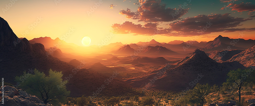 Landscape of mountains in the desert at sunset. Generative AI