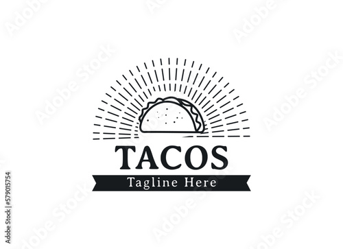 Tacos logo design vector illustration. Hot dog sausage silhouette, good for restaurant menu and cafe badge. Vintage typography logotype template.