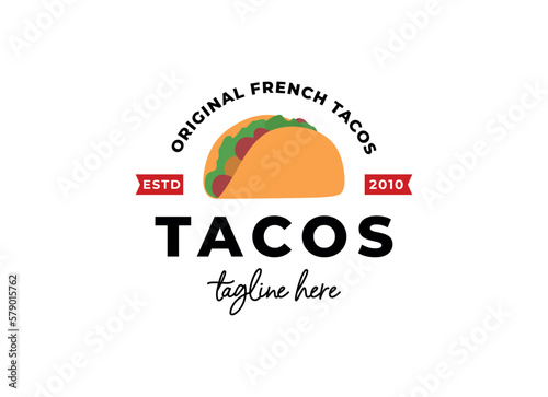 Tacos logo design vector illustration. Hot dog sausage silhouette, good for restaurant menu and cafe badge. Vintage typography logotype template.