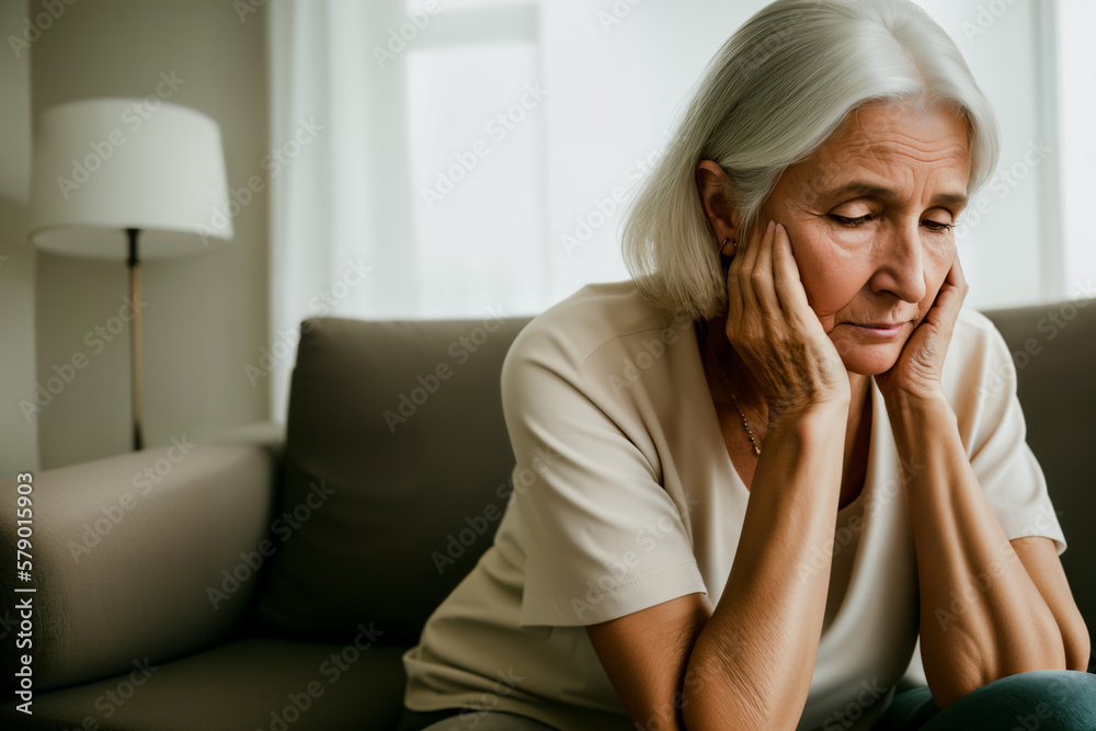 Mature woman sitting on the sofa feeling sad and alone. Upset elderly 70s female have headache while in living room at home. Generative ai. Mature woman sitting on the sofa feeling sad and alone. Upset elderly 70s female have headache while in living room at home. Generative ai.