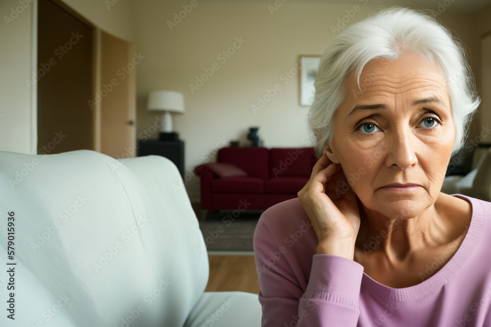 Mature woman sitting on the sofa feeling sad and alone. Upset elderly 70s female have headache while in living room at home. Generative ai.