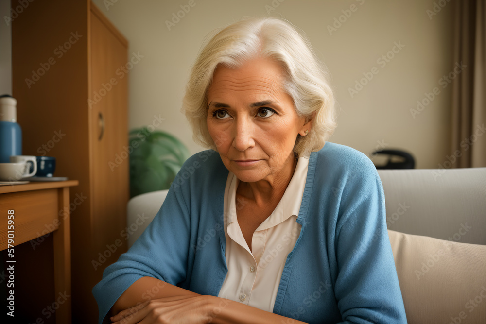 Mature woman sitting on the sofa feeling sad and alone. Upset elderly 70s female have headache while in living room at home. Generative ai. Mature woman sitting on the sofa feeling sad and alone. Upset elderly 70s female have headache while in living room at home. Generative ai.