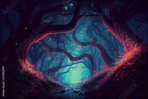 Magic fairy forest. Illuminated trees. Fantasy theme. Generative Ai