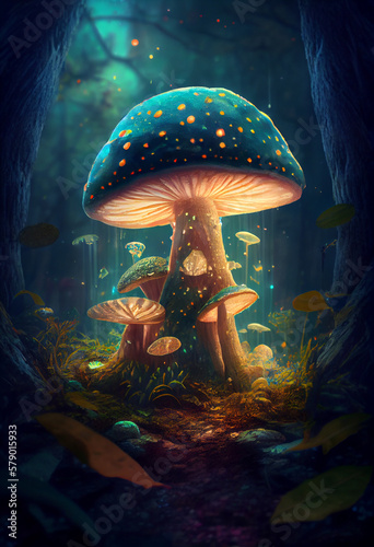 Magic glowing mushrooms in fantasy forest. Magical fairy landscape. Generative Ai © marcin jucha
