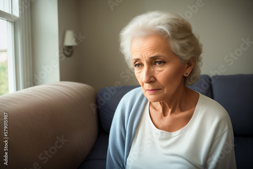Mature woman sitting on the sofa feeling sad and alone. Upset elderly 70s female have headache while in living room at home. Generative ai. © SOLOTU
