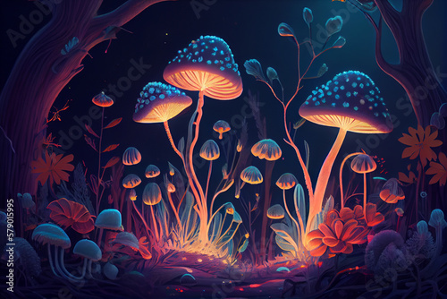 Magic glowing mushrooms in fantasy forest. Magical fairy landscape. Generative Ai