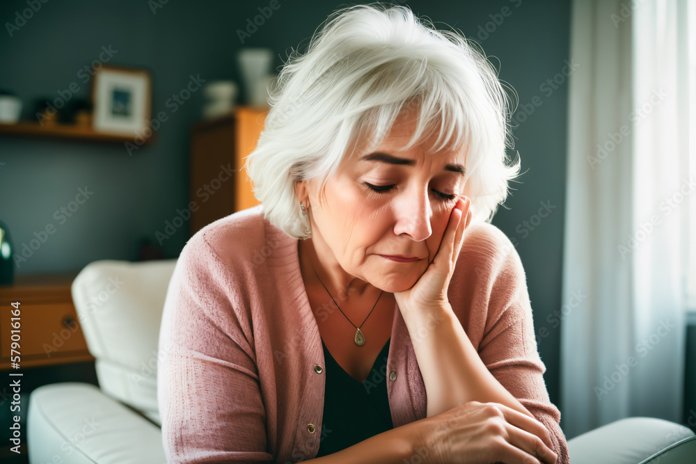 Mature woman sitting on the sofa feeling sad and alone. Upset elderly 70s female have headache while in living room at home. Generative ai. Mature woman sitting on the sofa feeling sad and alone. Upset elderly 70s female have headache while in living room at home. Generative ai.