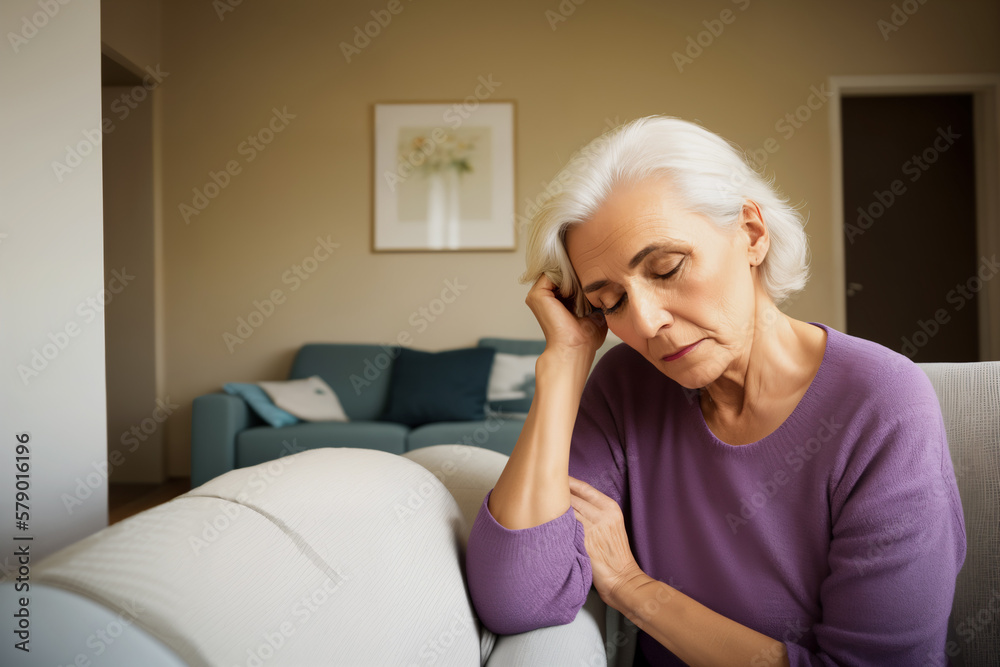Mature woman sitting on the sofa feeling sad and alone. Upset elderly 70s female have headache while in living room at home. Generative ai. Mature woman sitting on the sofa feeling sad and alone. Upset elderly 70s female have headache while in living room at home. Generative ai.