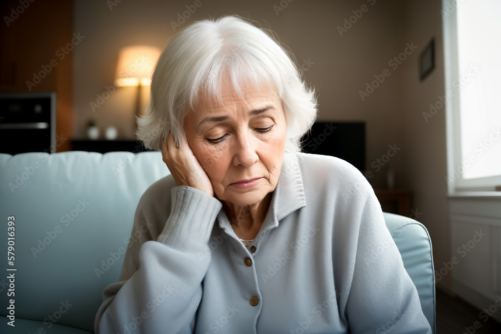 Mature woman sitting on the sofa feeling sad and alone. Upset elderly 70s female have headache while in living room at home. Generative ai. Mature woman sitting on the sofa feeling sad and alone. Upset elderly 70s female have headache while in living room at home. Generative ai.