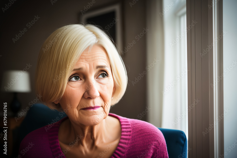 Mature woman sitting on the sofa feeling sad and alone. Upset elderly 70s female have headache while in living room at home. Generative ai. Mature woman sitting on the sofa feeling sad and alone. Upset elderly 70s female have headache while in living room at home. Generative ai.
