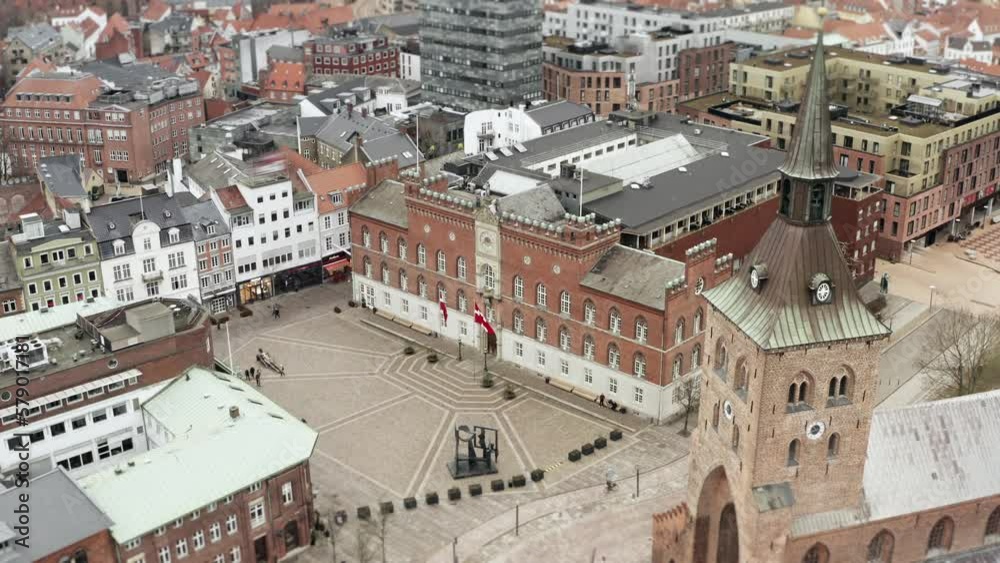 The facade of the Odense City Hall on the Flakhaven Town Square in Denmark