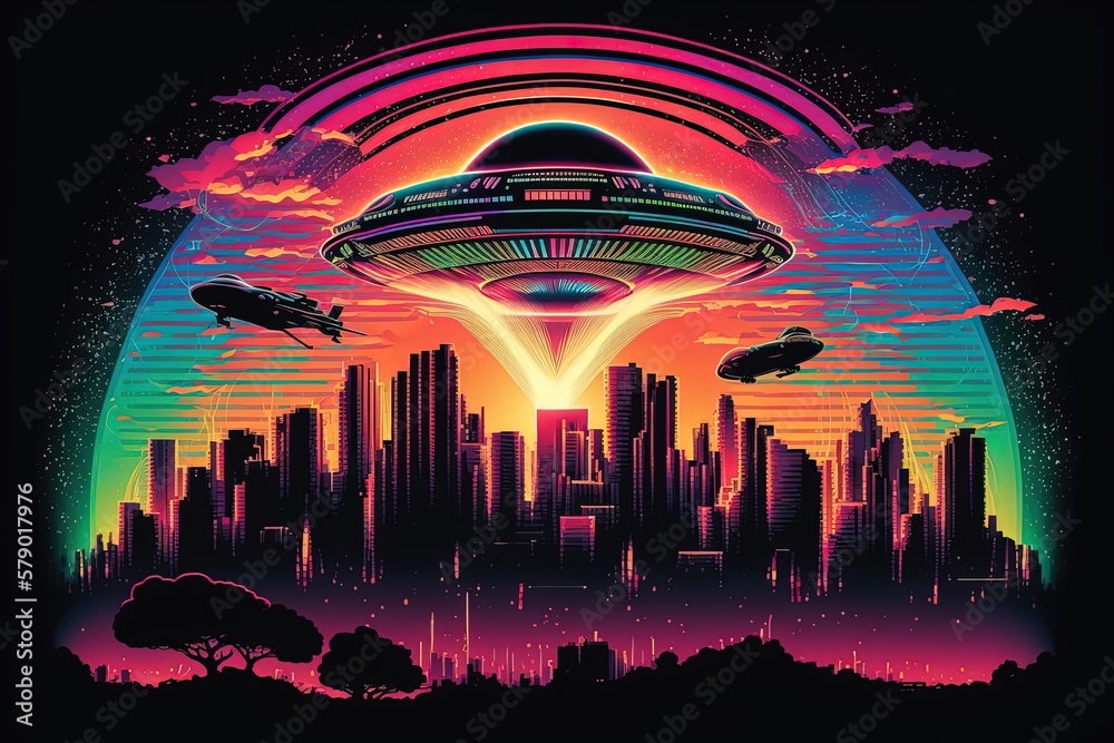 Vaporwave giant ufo landing on the city landscape - generative AI Stock ...