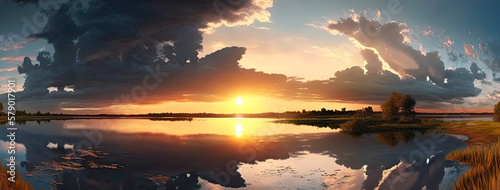 Sunset landscape on a large lake. Panoramic view. Generative AI