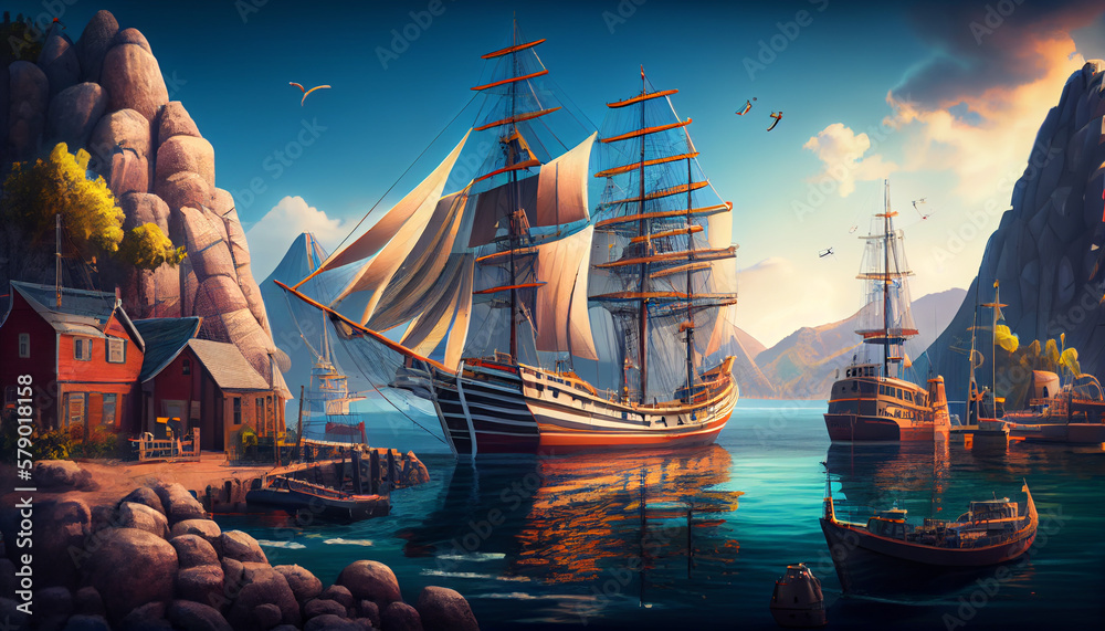 Drawing of sailing ship port