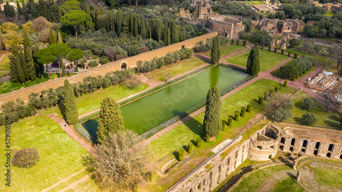 Aerial view of Hadrian's Villa at Tivoli, near Rome, Italy. Villa Adriana is a World Heritage comprising the ruins and archaeological remains of a complex built by Roman Emperor Hadrian.