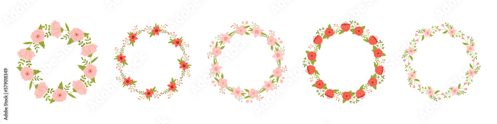 Vector set of floral wreaths in flat design. Collection of text templates with spring plants in pink and red colors. Flower round frames copy space. Flower wreaths for greeting cards and invitations.