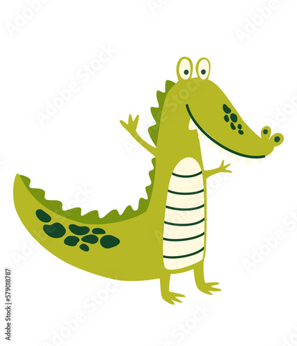 Cartoon crocodile. Wild animal for zoo ad, nature concept, children book illustrating. South America fauna. Vector Isolate illustration on white background for kids in funny doodle style
